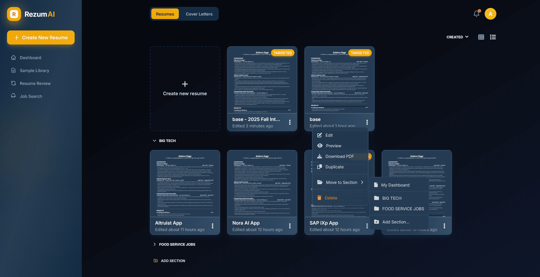 ResumeAI Dashboard - Dark